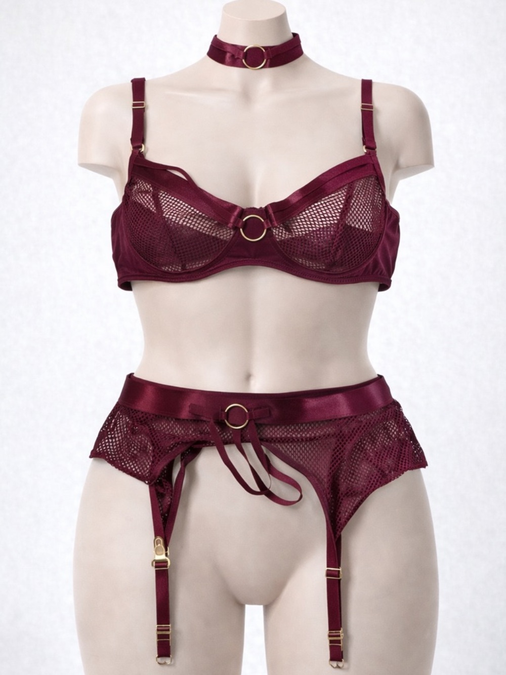 Burgundy Mesh Lingerie Set with Garter